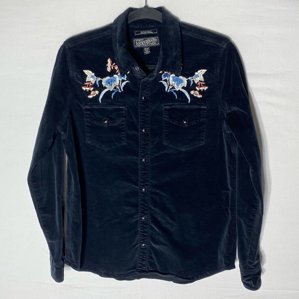 Vintage Lucky Brand Black Embroidered Velvety Snap Front Western Rodeo Shirt M